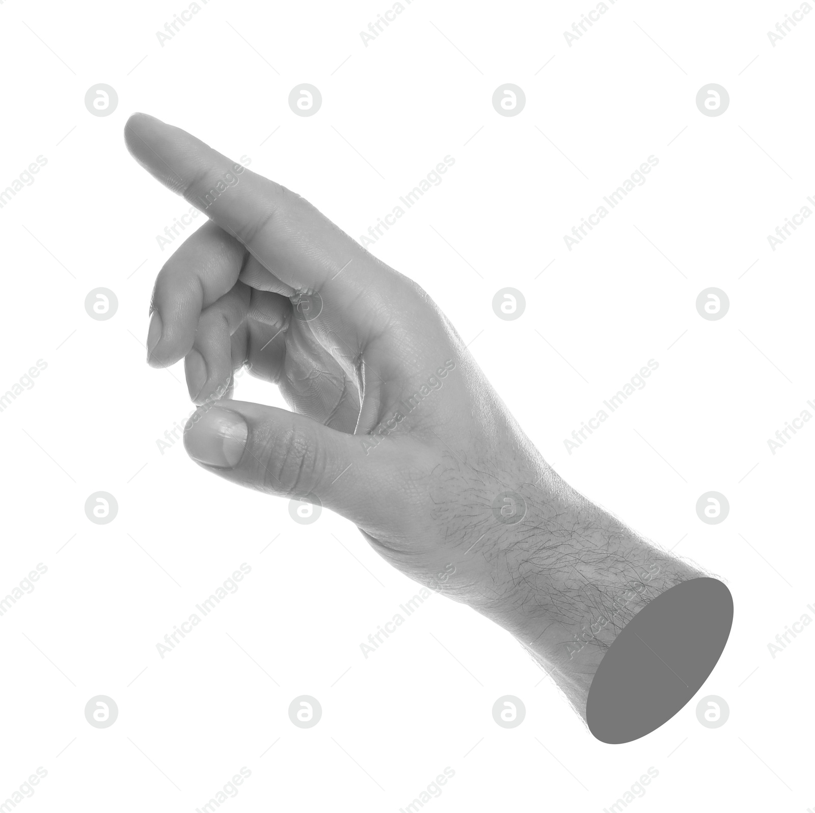 Image of Man's hand pointing at something on white background. Black and white effect