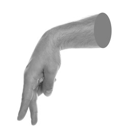 Image of Man imitating walk with hand on white background, closeup. Black and white effect