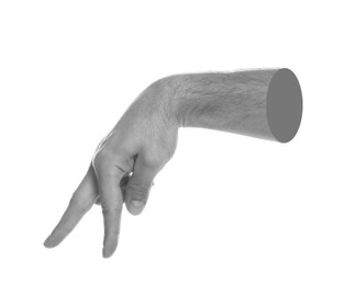 Image of Man imitating walk with hand on white background, closeup. Black and white effect