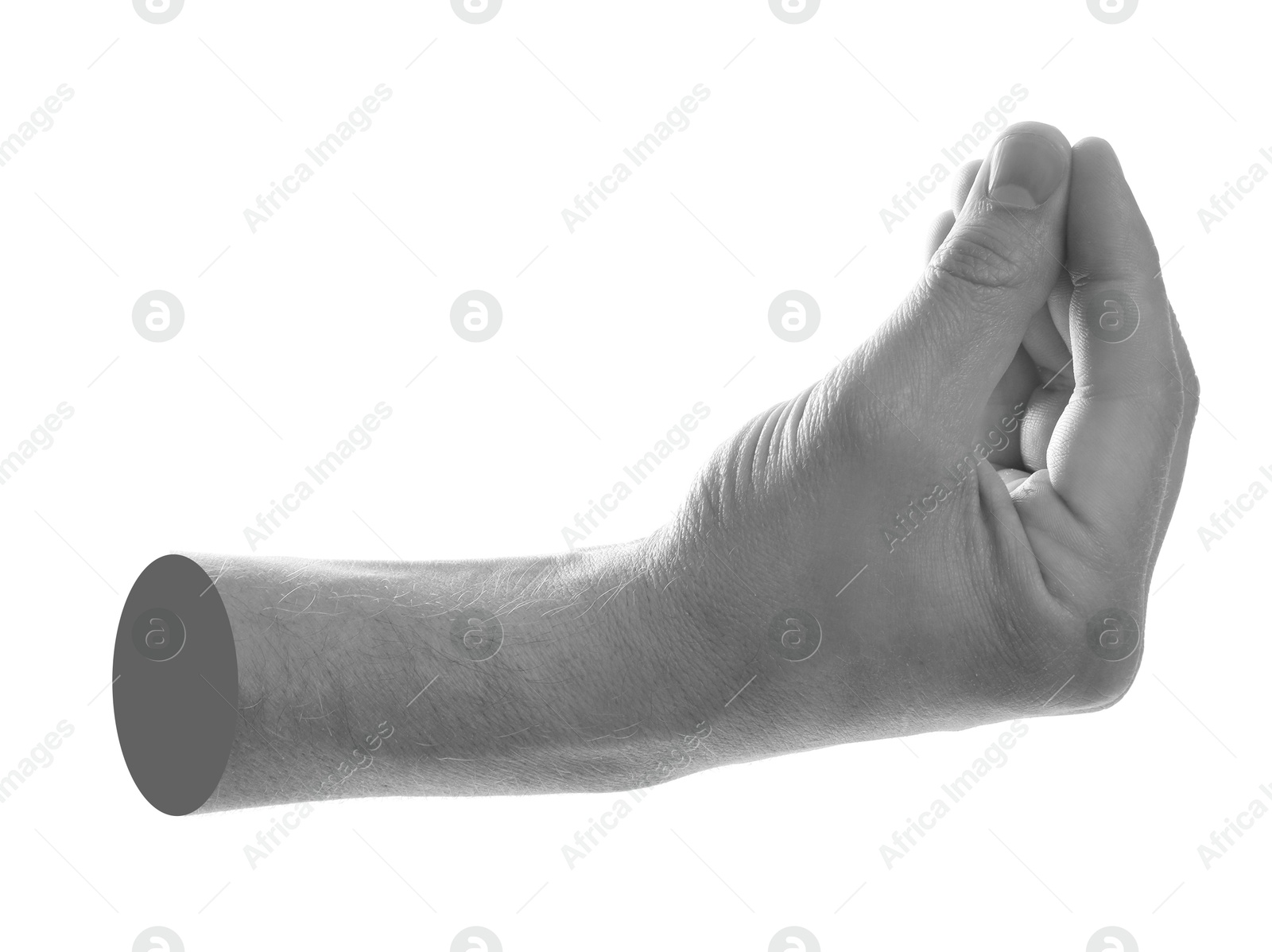 Image of Man's hand gesturing on white background. Black and white effect