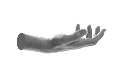 Image of Man's hand holding something on white background. Black and white effect