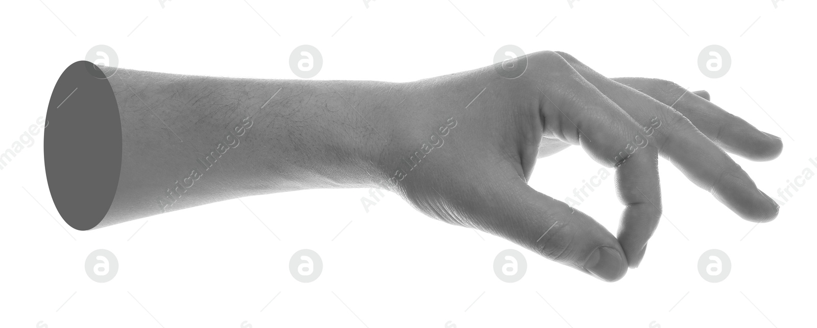 Image of Man's hand holding something on white background. Black and white effect