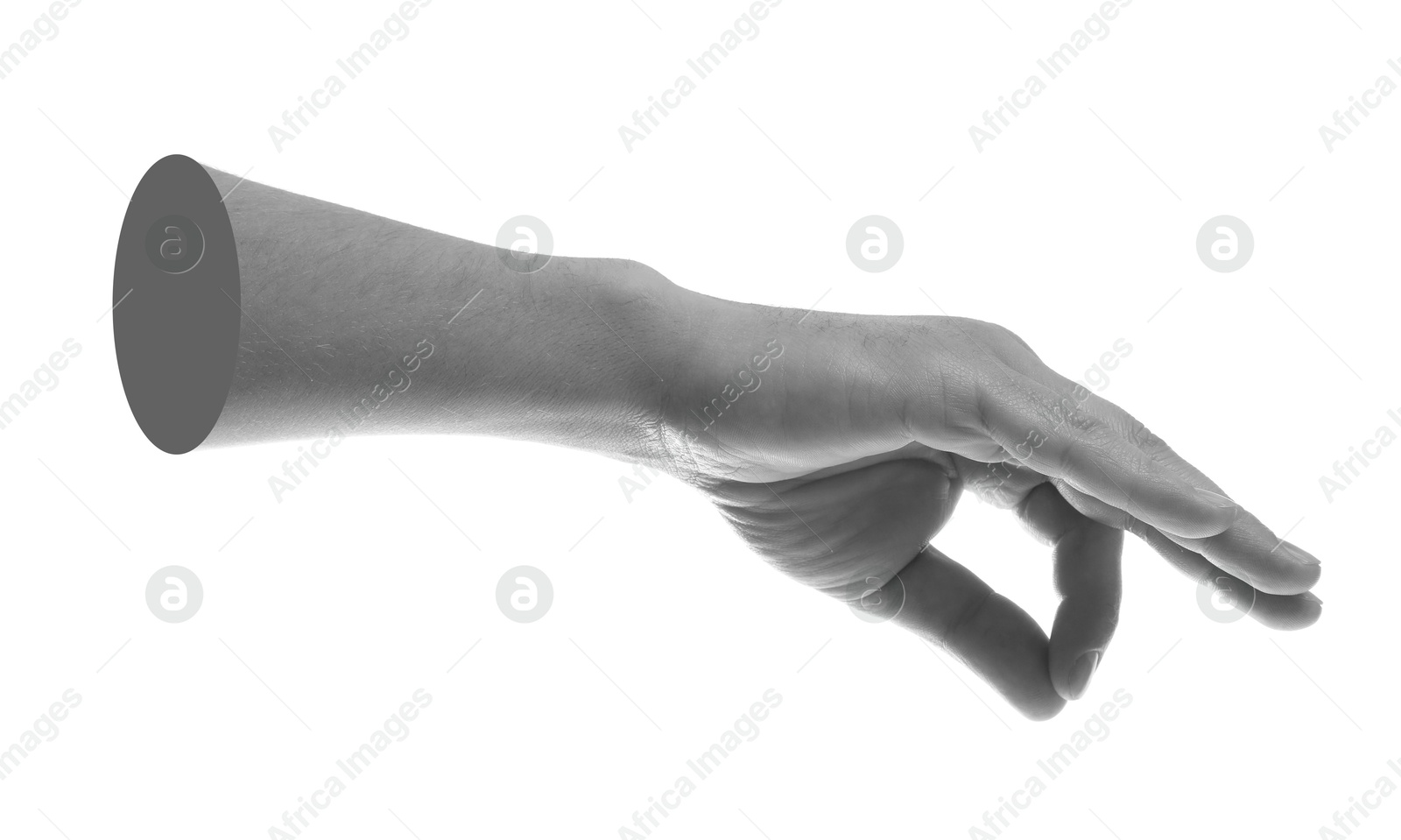 Image of Man's hand holding something on white background. Black and white effect