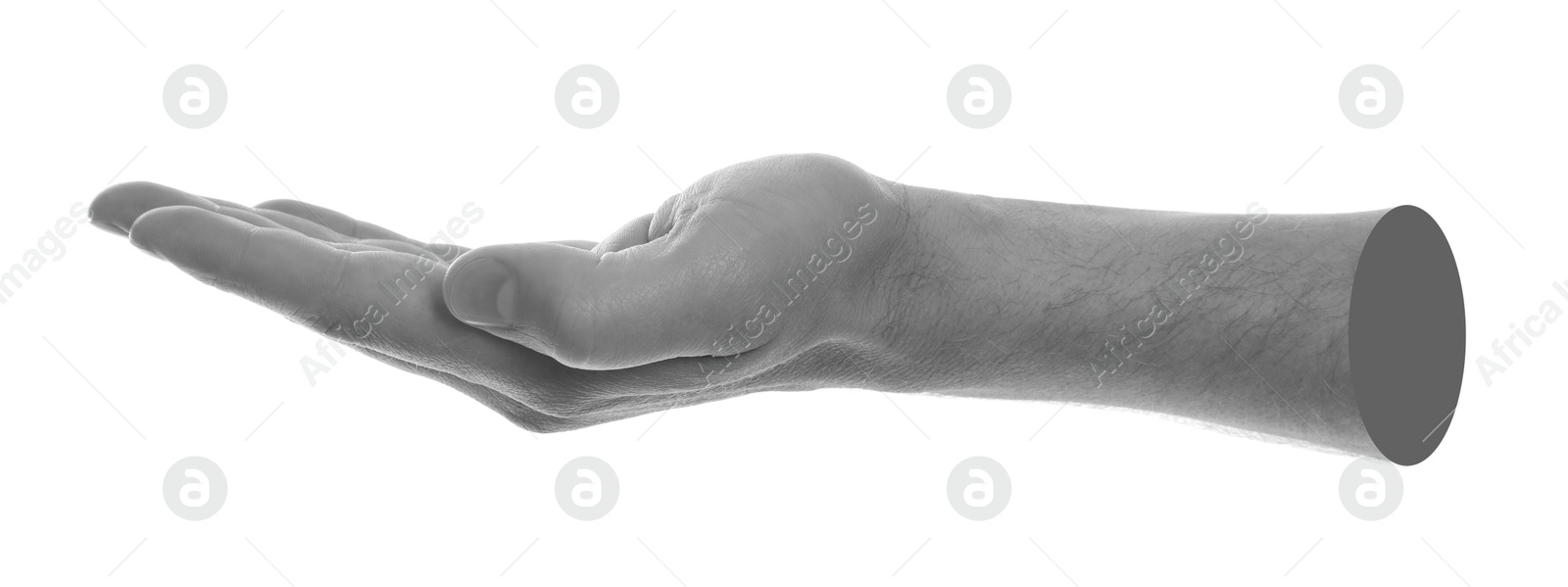 Image of Man's hand holding something on white background. Black and white effect