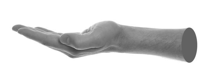 Image of Man's hand holding something on white background. Black and white effect