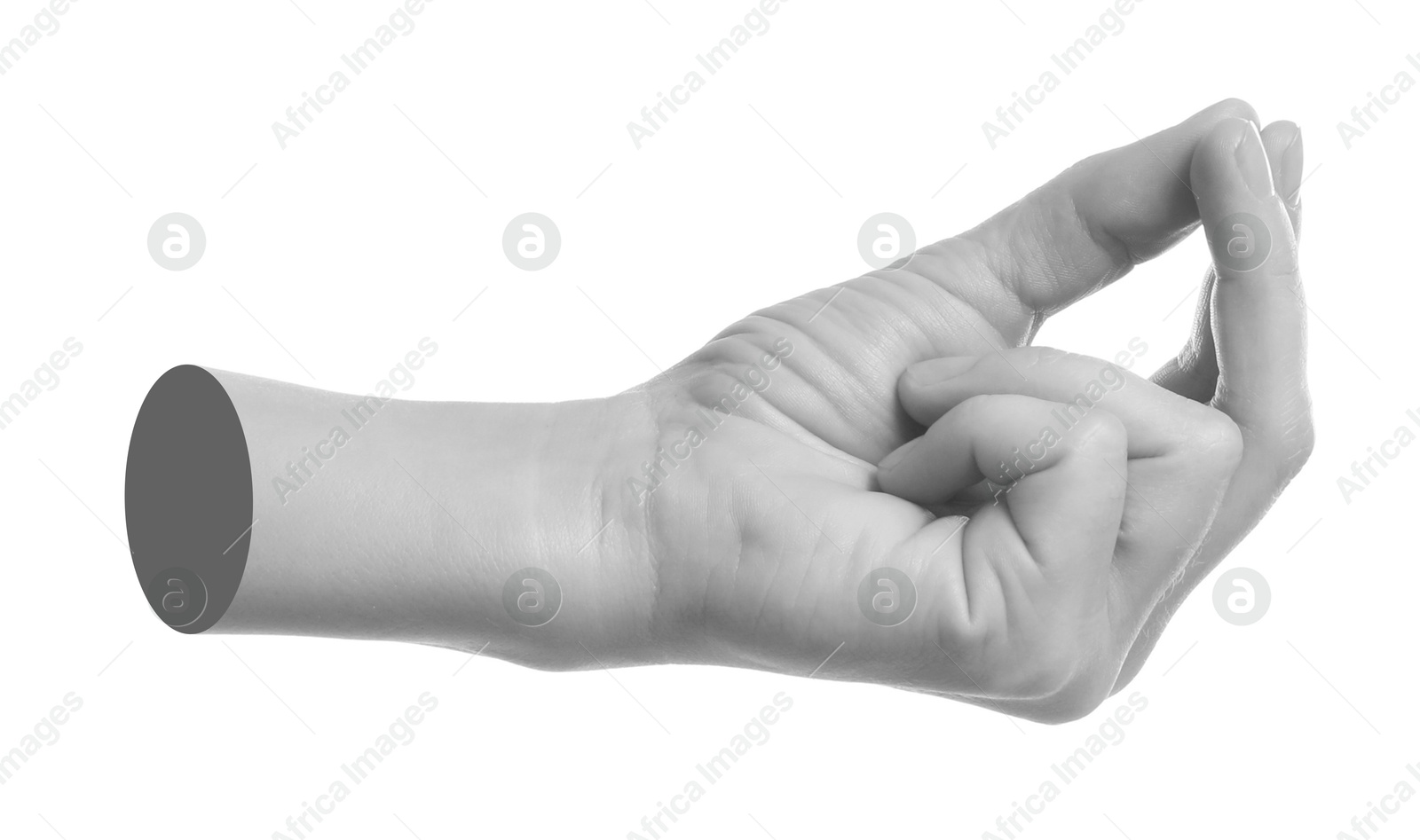 Image of Woman's hand gesturing on white background. Black and white effect