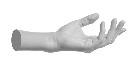 Image of Woman's hand holding something on white background. Black and white effect