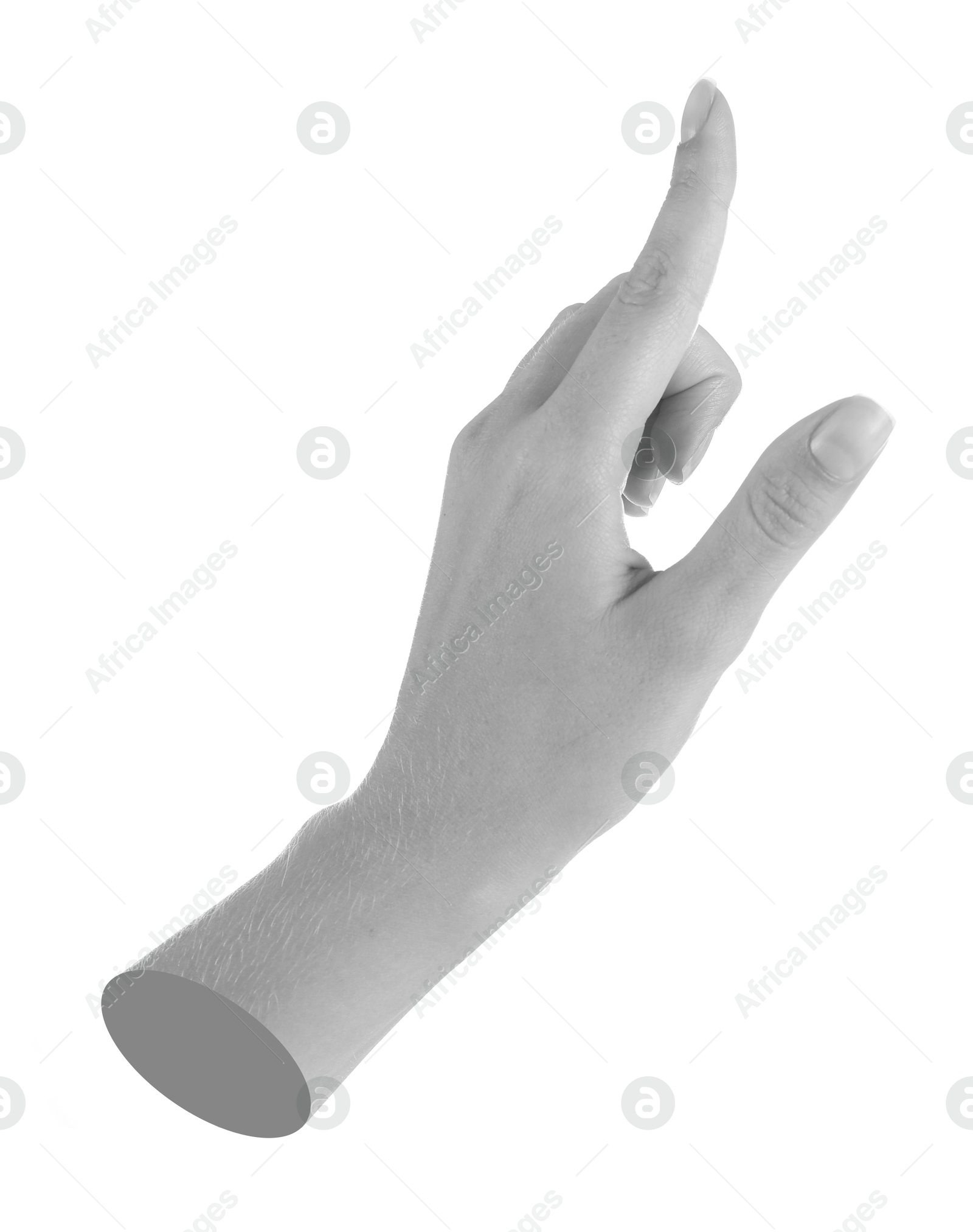 Image of Woman's hand pointing at something on white background. Black and white effect