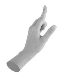 Image of Woman's hand pointing at something on white background. Black and white effect