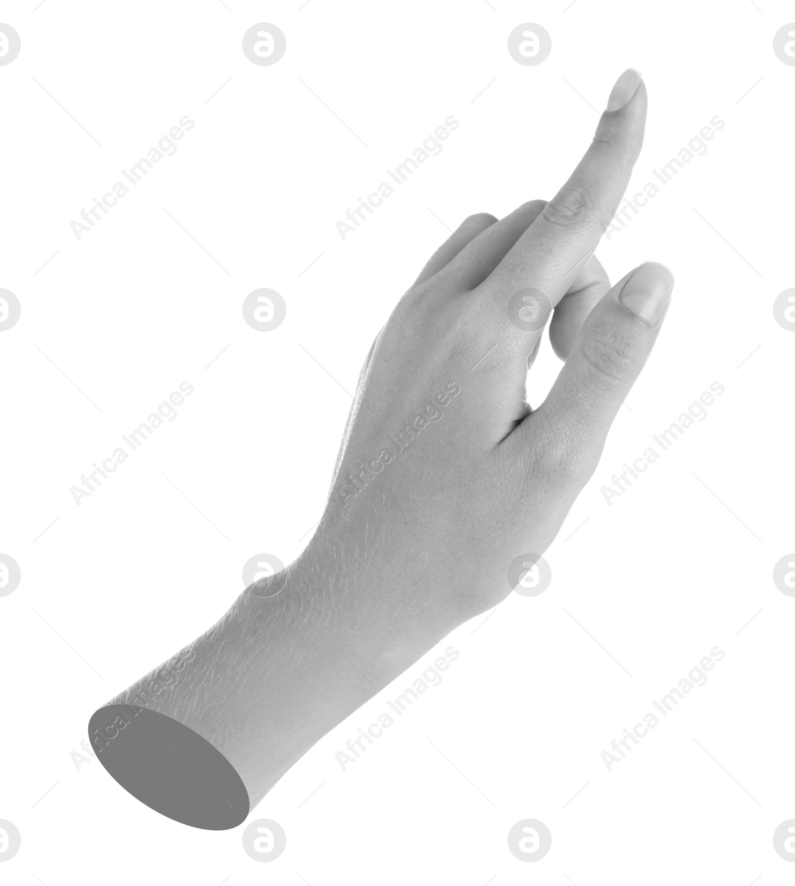 Image of Woman's hand pointing at something on white background. Black and white effect