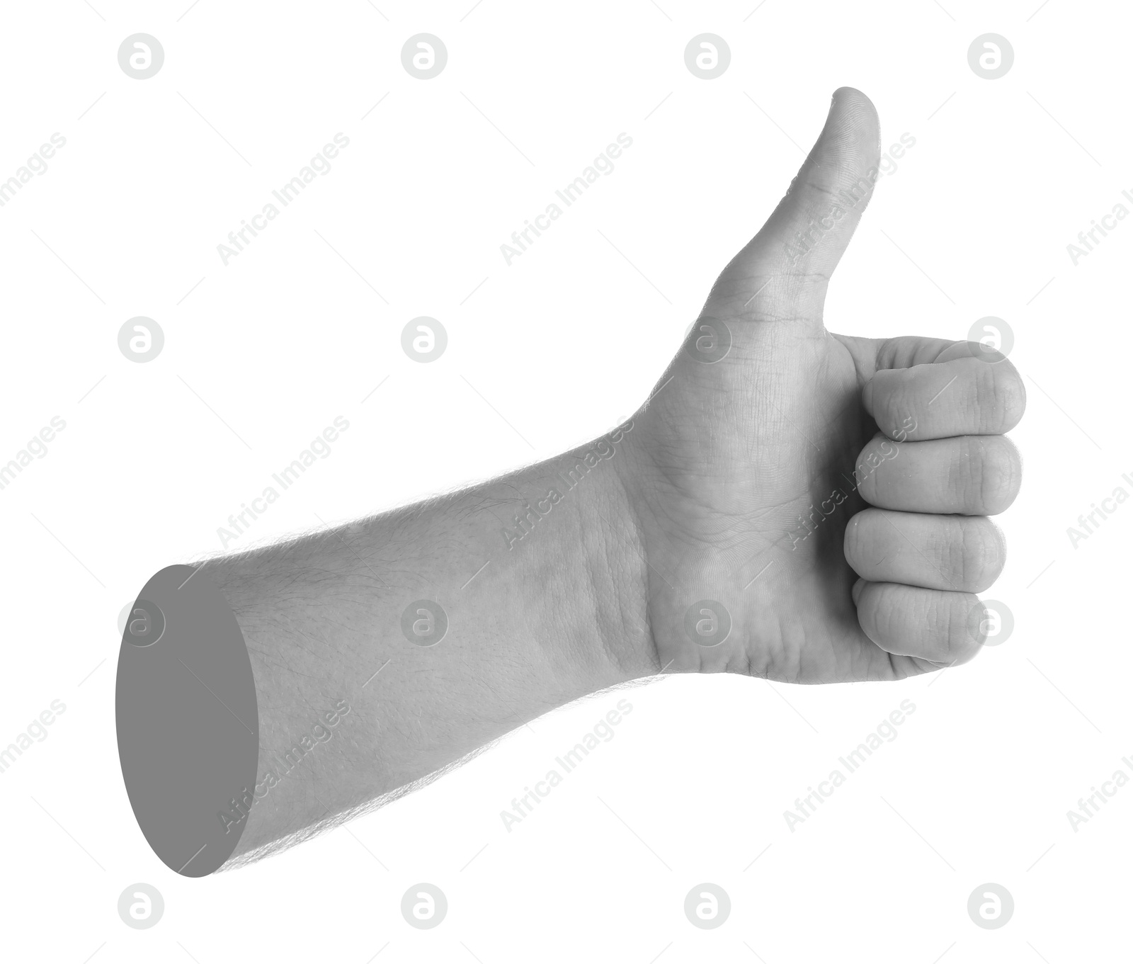 Image of Man's hand showing thumbs up on white background. Black and white effect