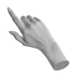 Image of Woman's hand pointing at something on white background. Black and white effect