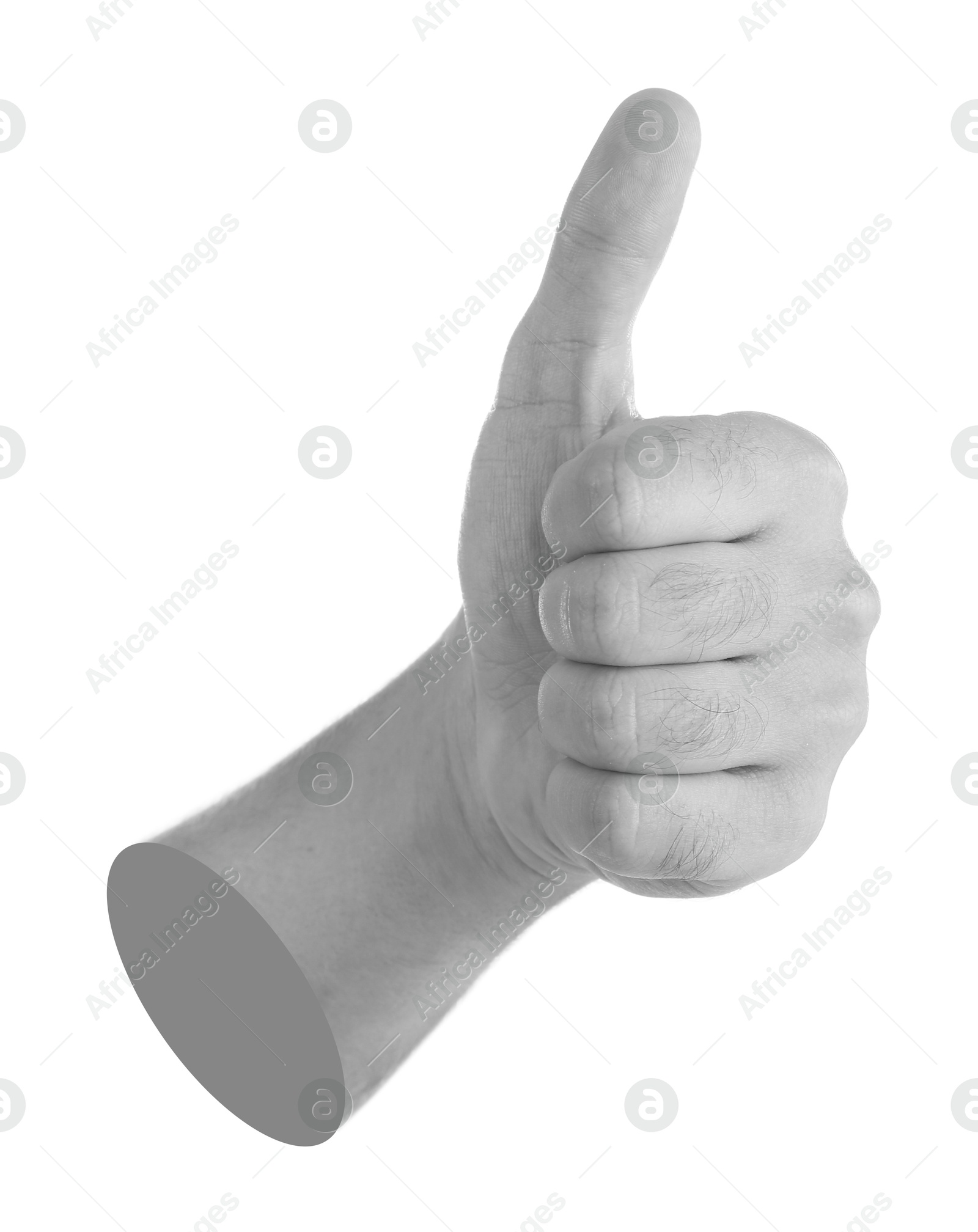 Image of Man's hand showing thumbs up on white background. Black and white effect