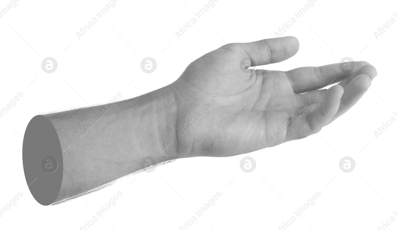 Image of Man's hand holding something on white background. Black and white effect