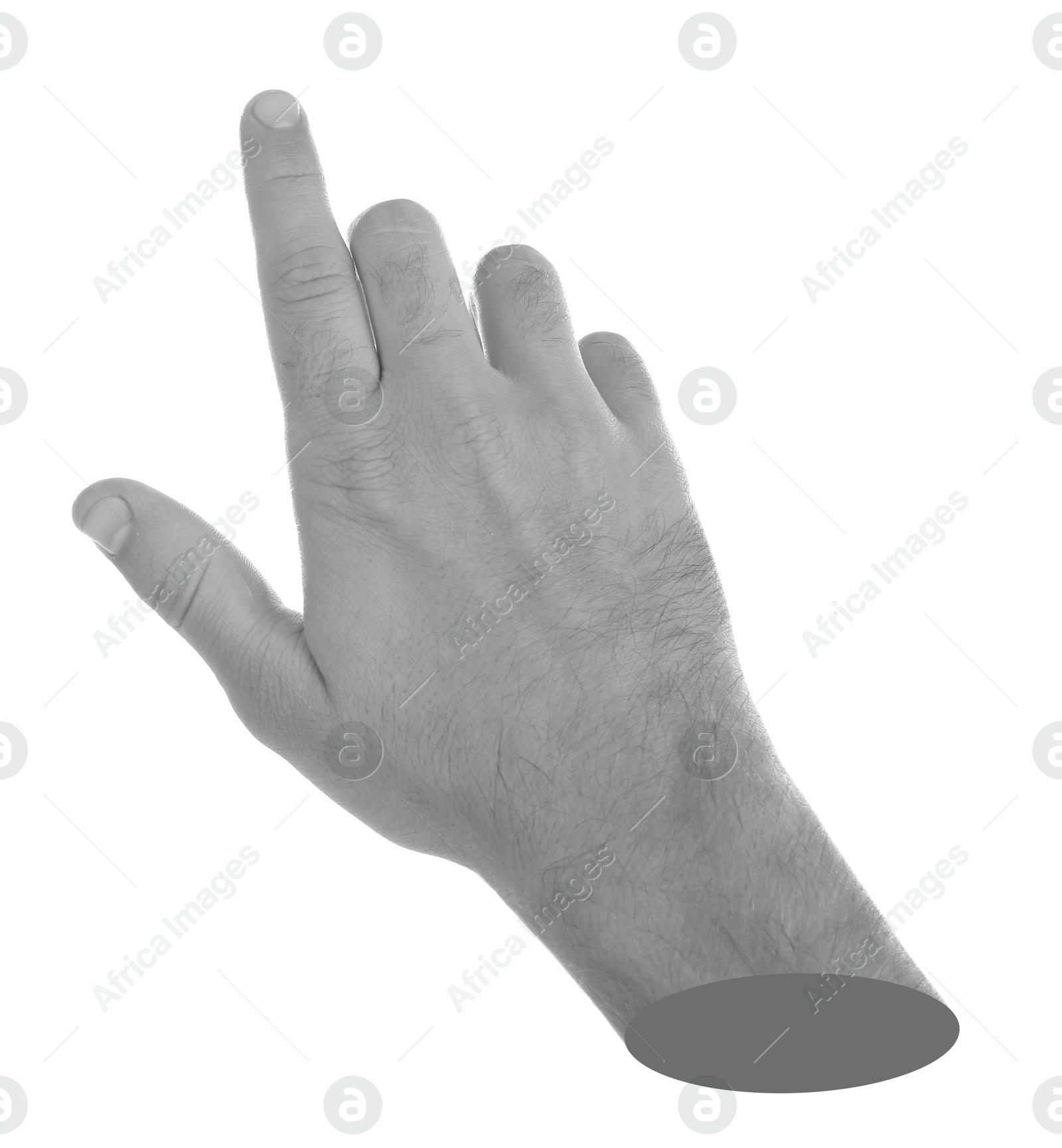 Image of Man's hand pointing at something on white background. Black and white effect