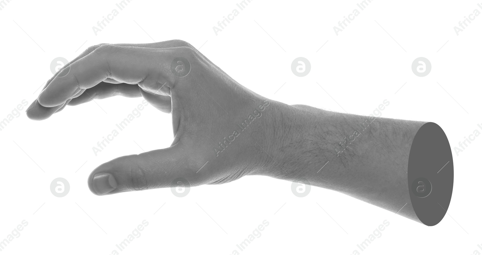 Image of Man's hand holding something on white background. Black and white effect