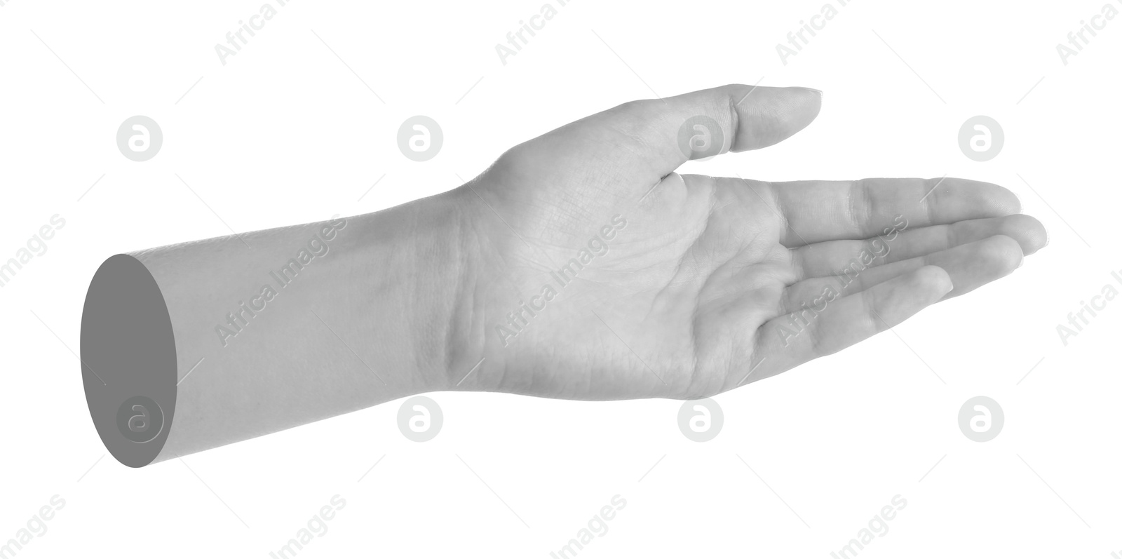 Image of Woman's hand holding something on white background. Black and white effect