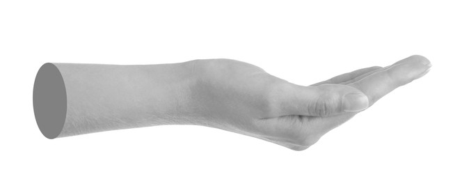 Image of Woman's hand holding something on white background. Black and white effect