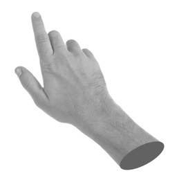 Image of Man's hand pointing at something on white background. Black and white effect