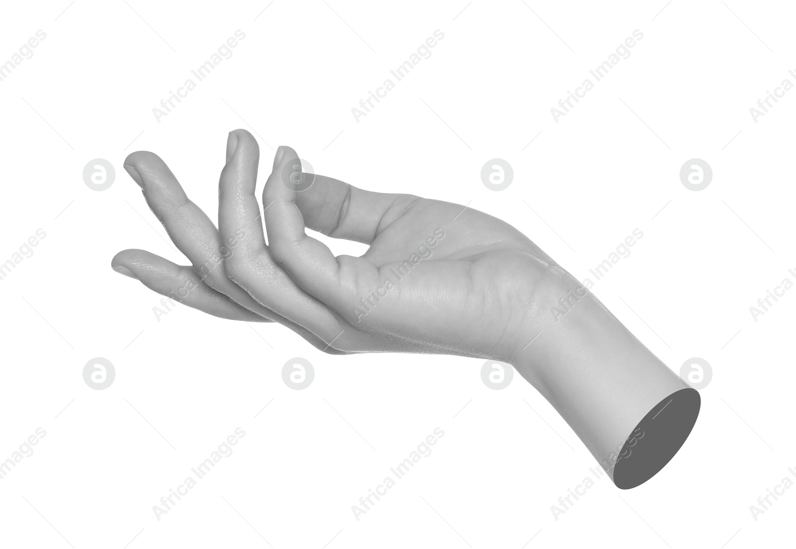 Image of Woman's hand holding something on white background. Black and white effect