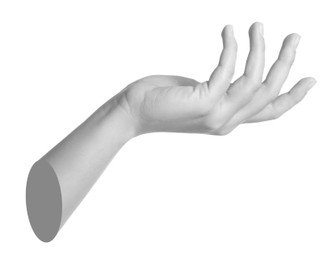 Image of Woman's hand holding something on white background. Black and white effect