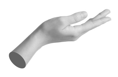 Image of Woman's hand holding something on white background. Black and white effect