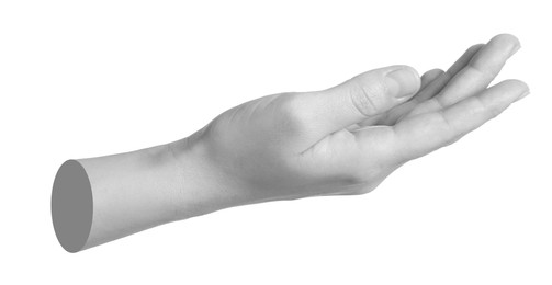 Image of Woman's hand holding something on white background. Black and white effect