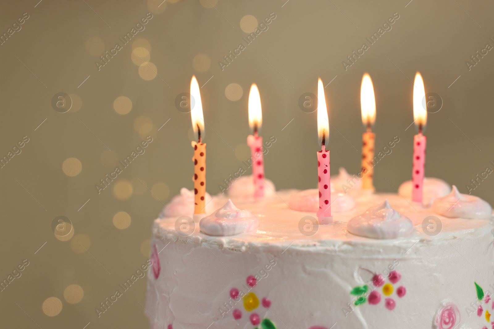 Photo of Tasty Birthday cake with burning candles against blurred background, closeup