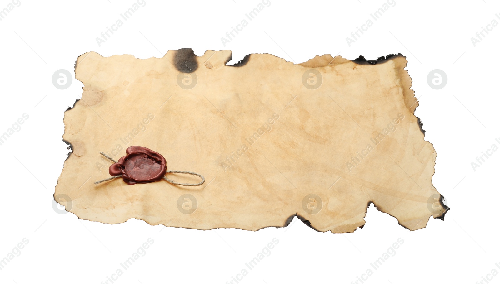 Photo of Sheet of old parchment paper with wax stamp isolated on white