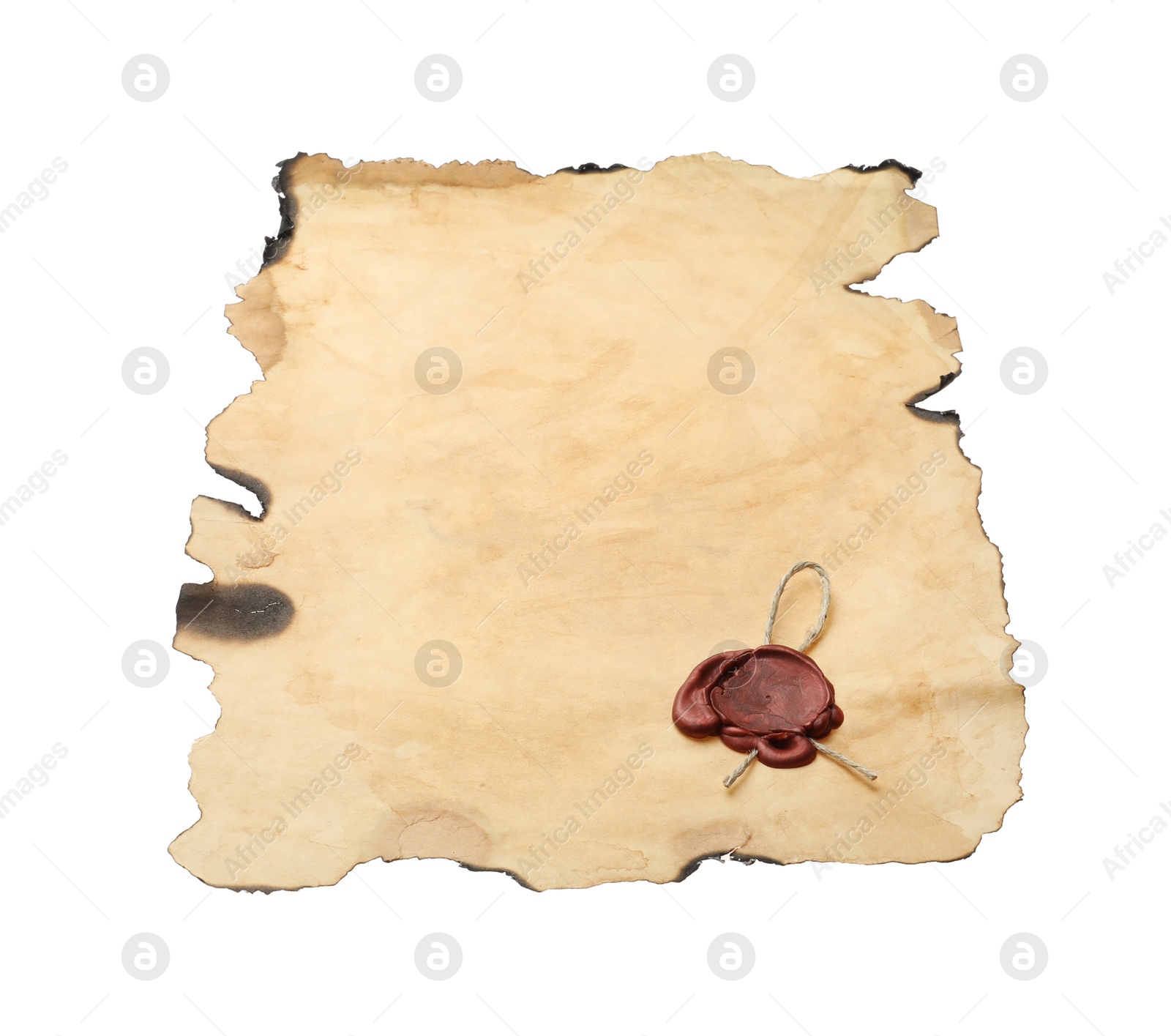 Photo of Sheet of old parchment paper with wax stamp isolated on white