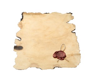 Photo of Sheet of old parchment paper with wax stamp isolated on white