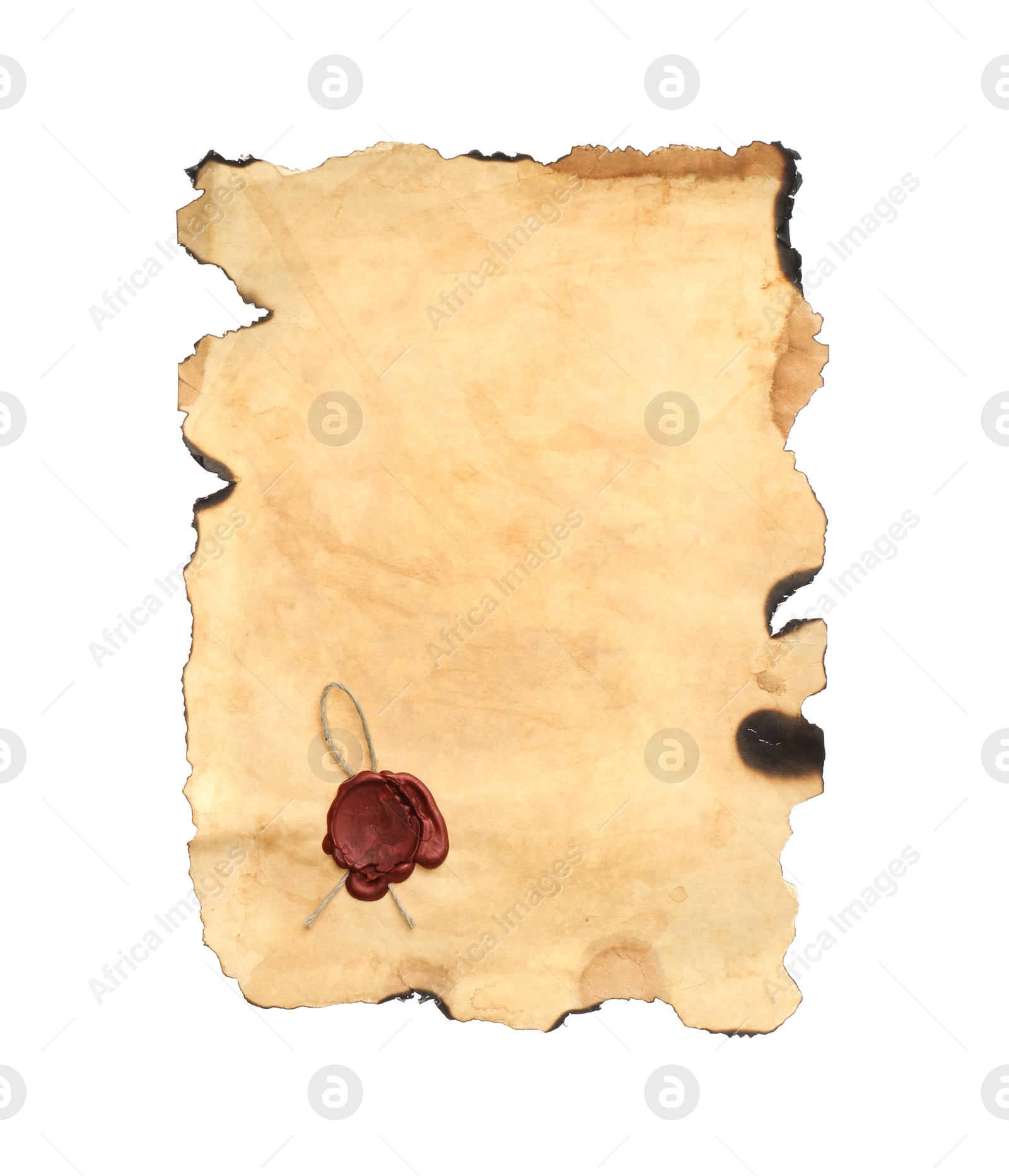 Photo of Sheet of old parchment paper with wax stamp isolated on white