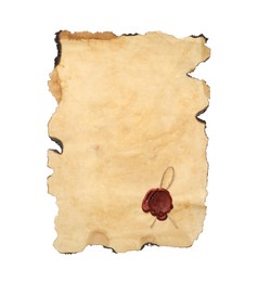 Photo of Sheet of old parchment paper with wax stamp isolated on white