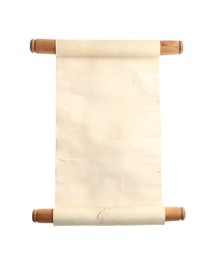 Scroll of old parchment paper with wooden handles isolated on white, top view