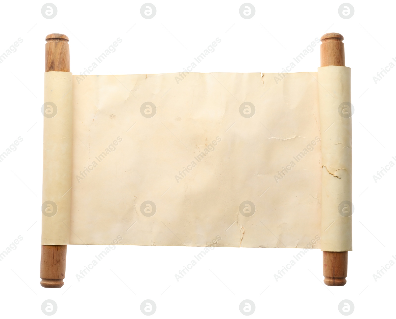 Photo of Scroll of old parchment paper with wooden handles isolated on white, top view