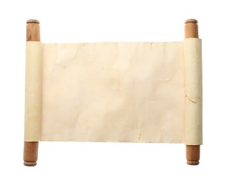 Photo of Scroll of old parchment paper with wooden handles isolated on white, top view