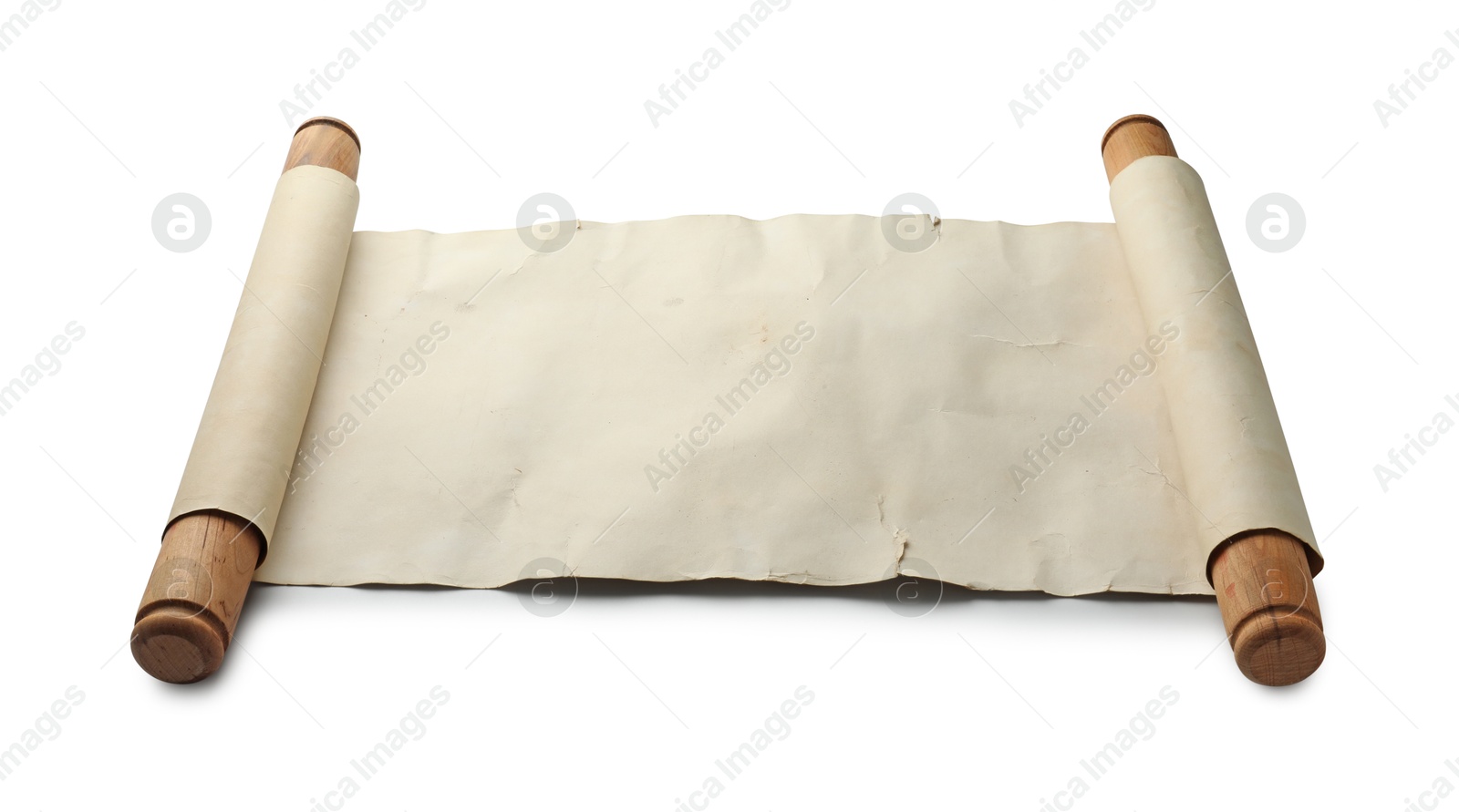 Photo of Scroll of old parchment paper with wooden handles isolated on white