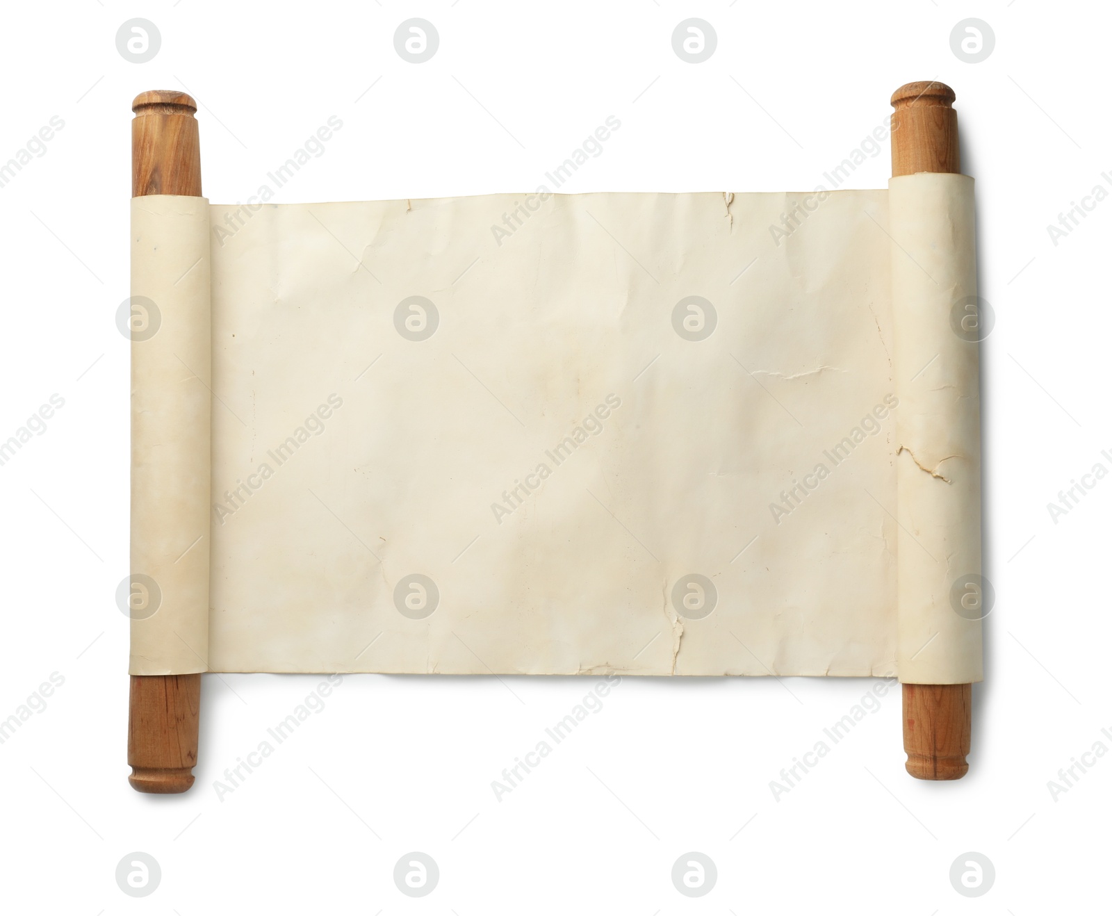 Photo of Scroll of old parchment paper with wooden handles isolated on white, top view