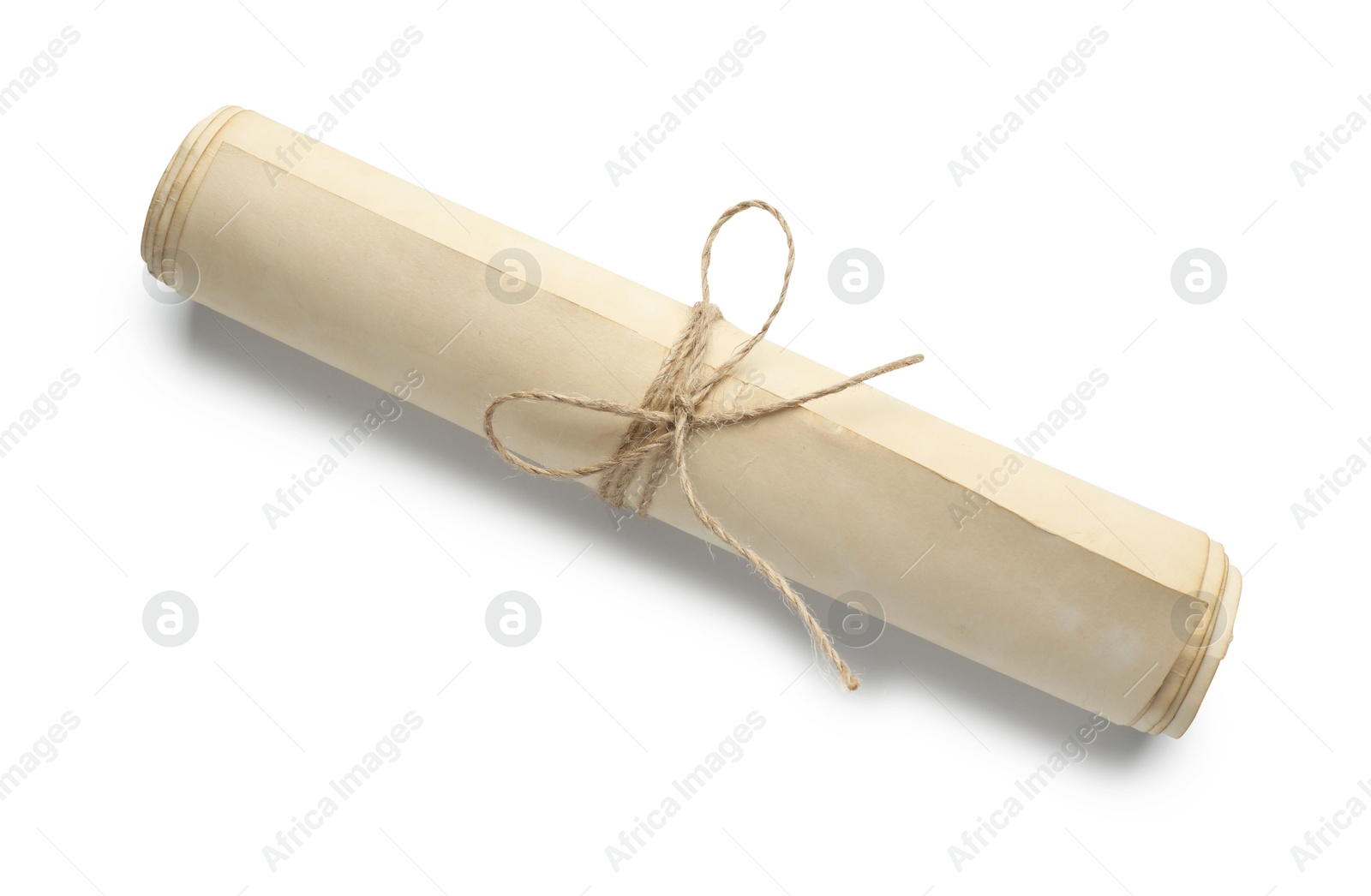 Photo of Scroll of old parchment paper isolated on white, above view
