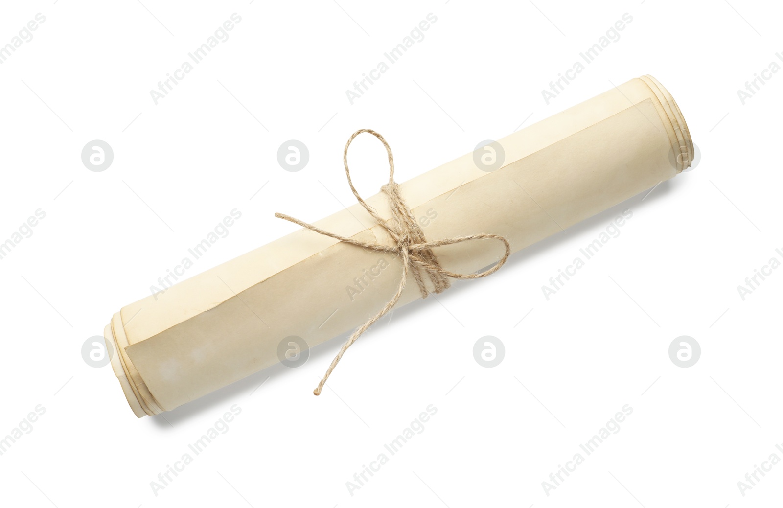 Photo of Scroll of old parchment paper isolated on white, above view