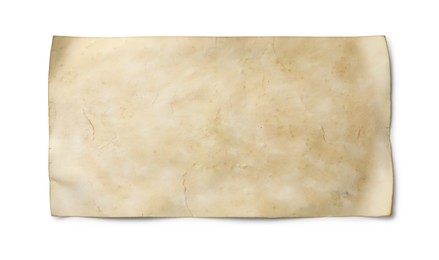 Photo of Sheet of old parchment paper isolated on white, top view