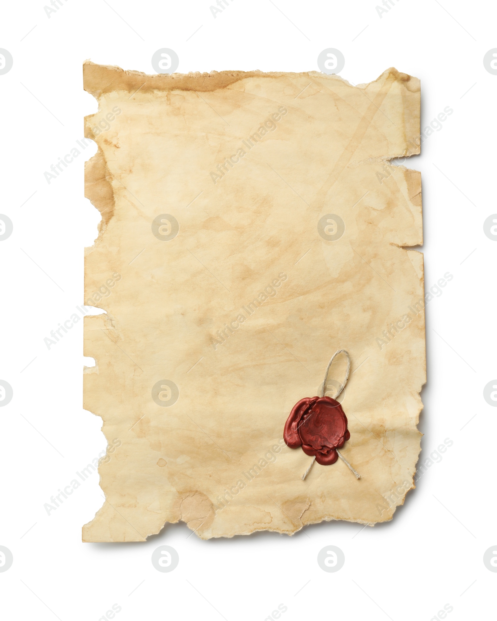 Photo of Sheet of old parchment paper with wax stamp isolated on white, top view