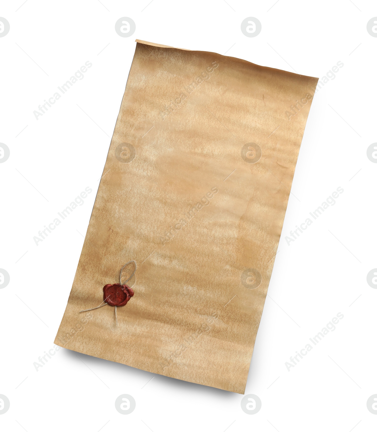 Photo of Sheet of old parchment paper with wax stamp isolated on white, top view