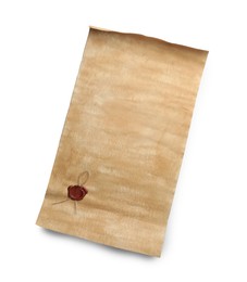 Sheet of old parchment paper with wax stamp isolated on white, top view