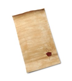 Sheet of old parchment paper with wax stamp isolated on white, top view
