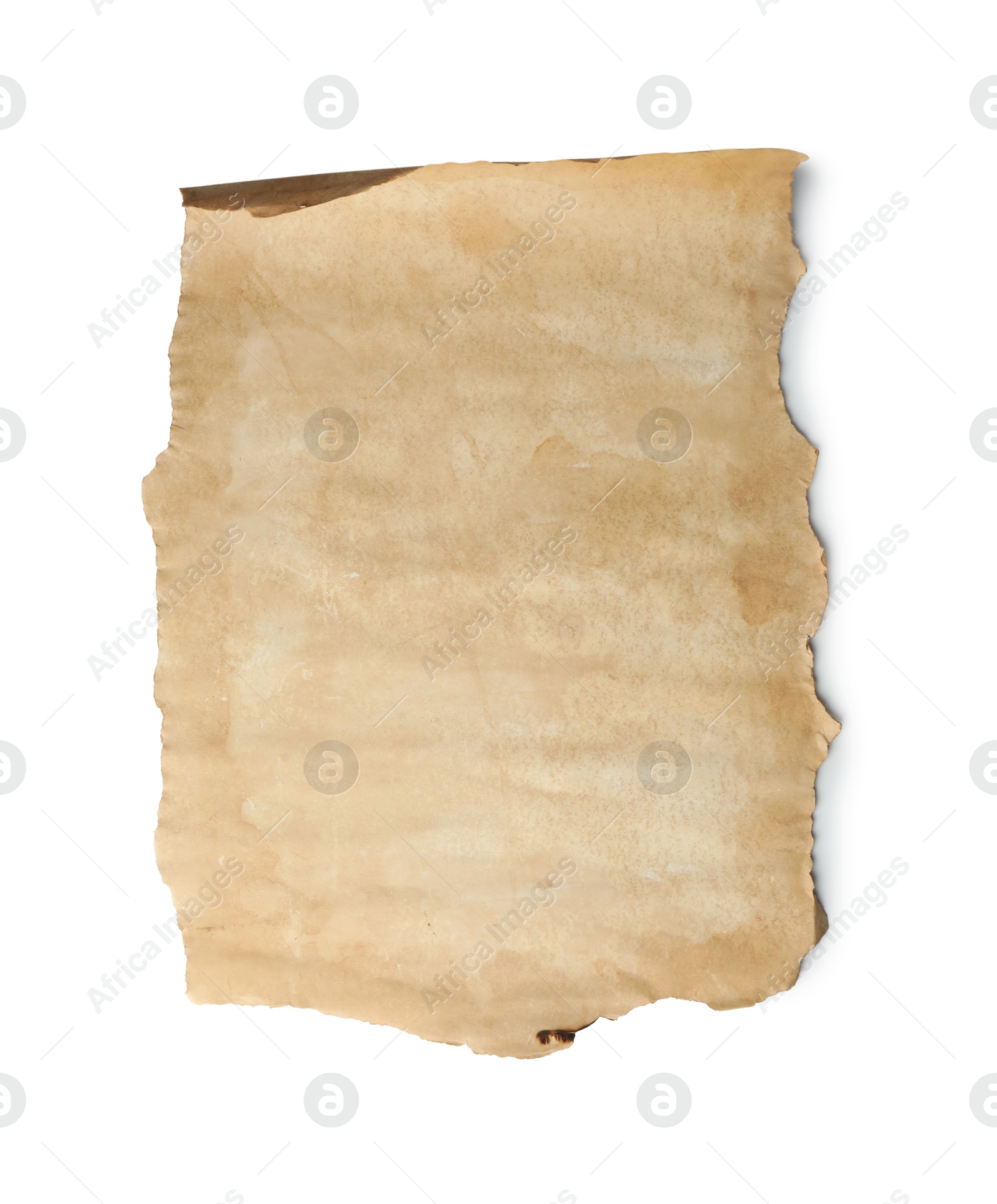 Photo of Sheet of old parchment paper isolated on white, top view