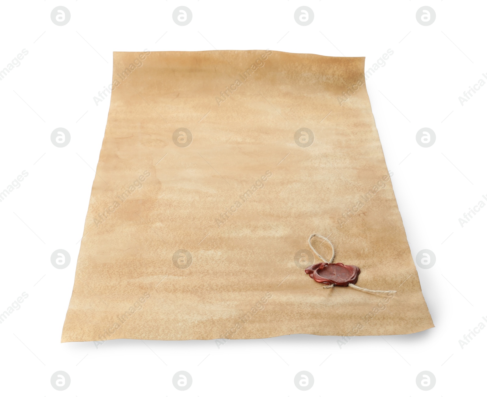 Photo of Sheet of old parchment paper with wax stamp isolated on white