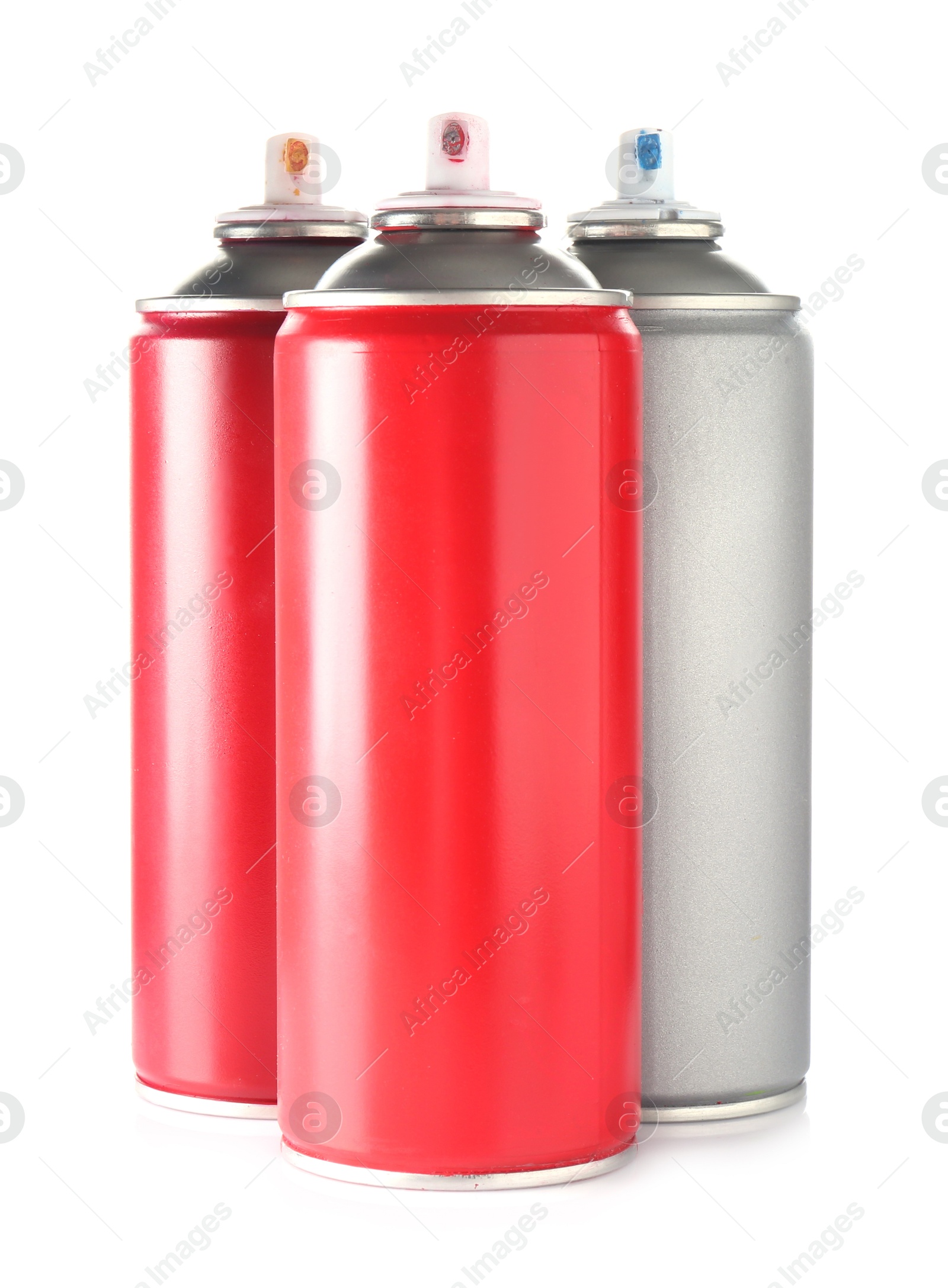 Photo of Many spray paint cans isolated on white