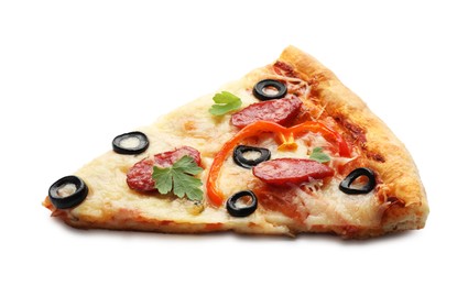 Photo of Piece of tasty pizza with dry smoked sausages, olives, pepper and parsley isolated on white