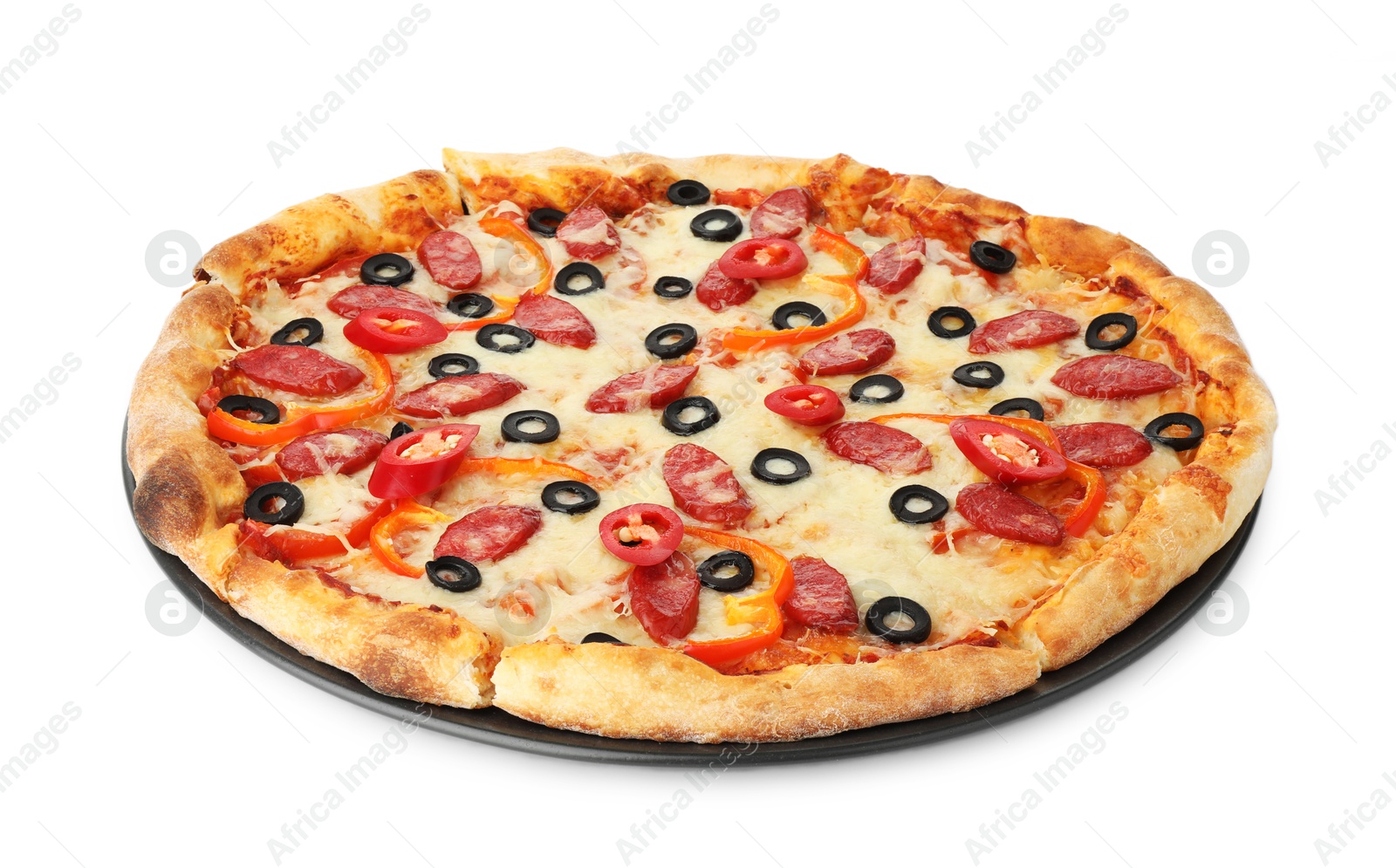 Photo of Tasty pizza with cheese, dry smoked sausages, olives and chili pepper isolated on white